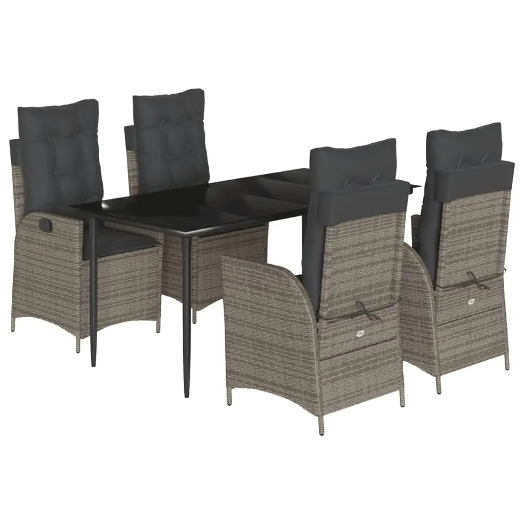 Garden Dining Set 5 Piece PE Poly Rattan Grey Outdoor Furniture with Tempered Glass Table and Cushioned Chairs