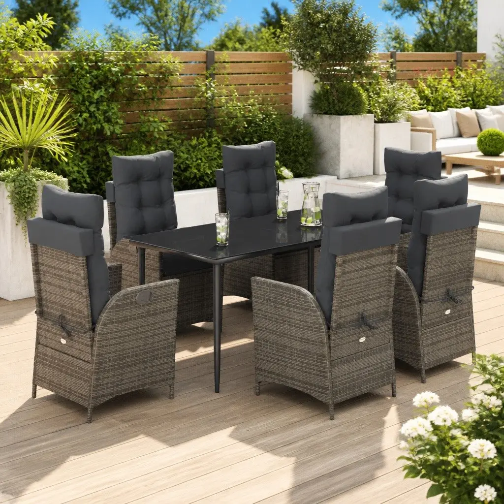 Garden Dining Set Grey Poly Rattan 7 Piece Outdoor Furniture with Cushions