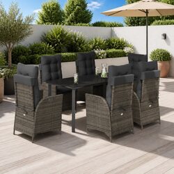 7 Piece Garden Dining Set Outdoor Patio Furniture Grey Poly Rattan with Cushions