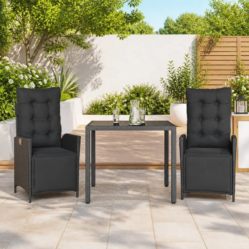 3 Piece Garden Dining Set Black Synthetic Rattan Furniture with Cushions and Tempered Glass Table