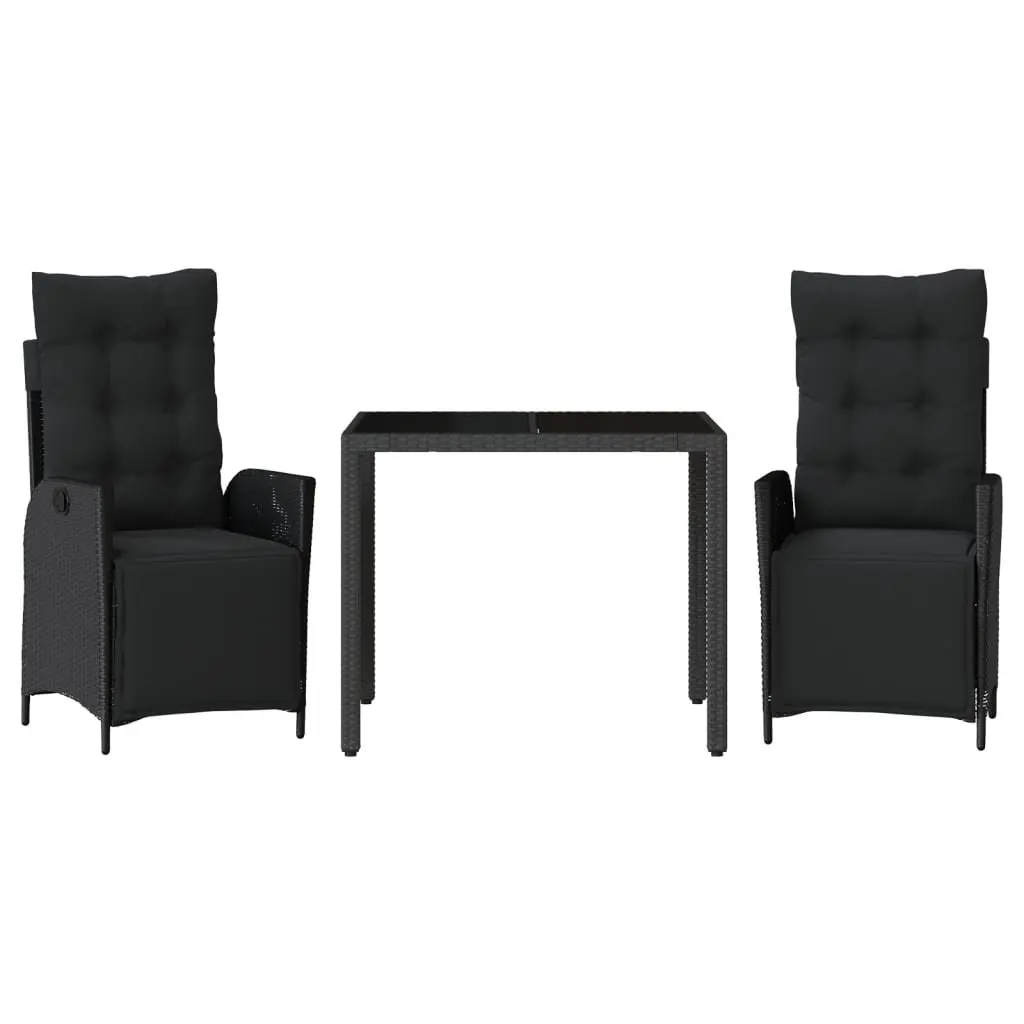 3 Piece Garden Dining Set Black Synthetic Rattan Furniture with Cushions and Tempered Glass Table