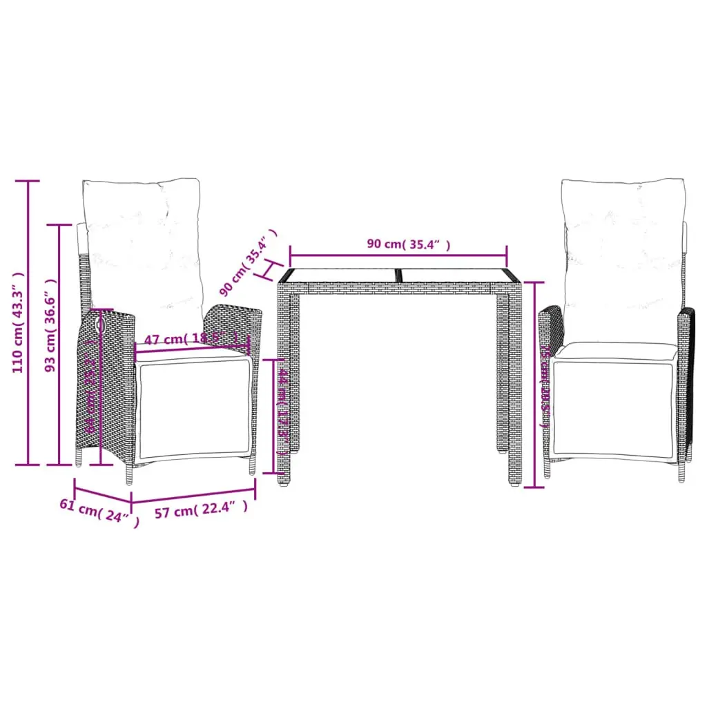 3 Piece Garden Dining Set Black Synthetic Rattan Furniture with Cushions and Tempered Glass Table