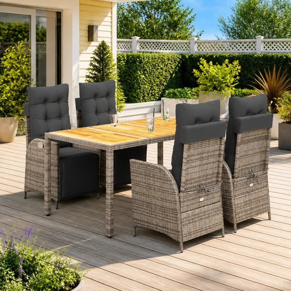 5 Piece Garden Dining Set Grey PE Rattan Acacia Wood Table Chairs