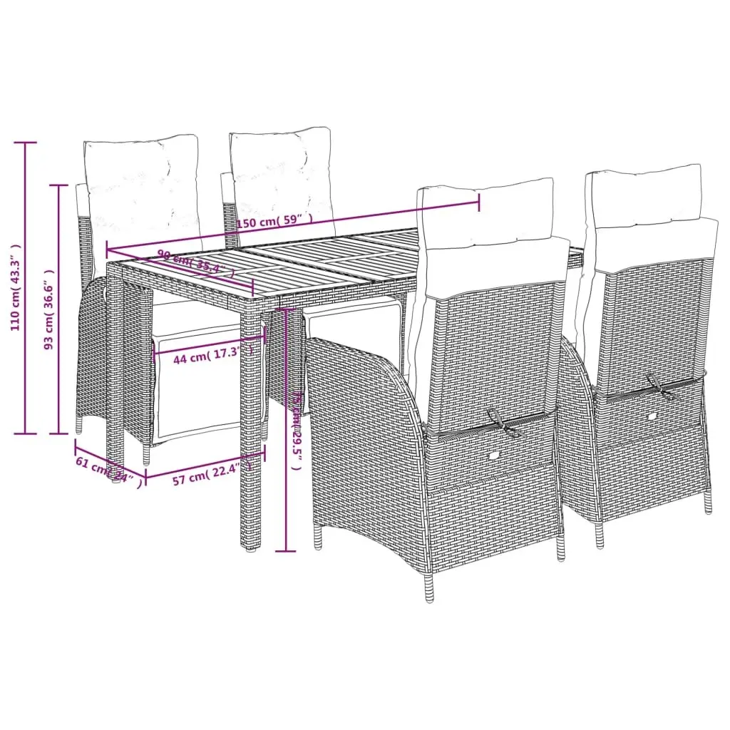 5 Piece Garden Dining Set Grey PE Rattan Acacia Wood Table Chairs