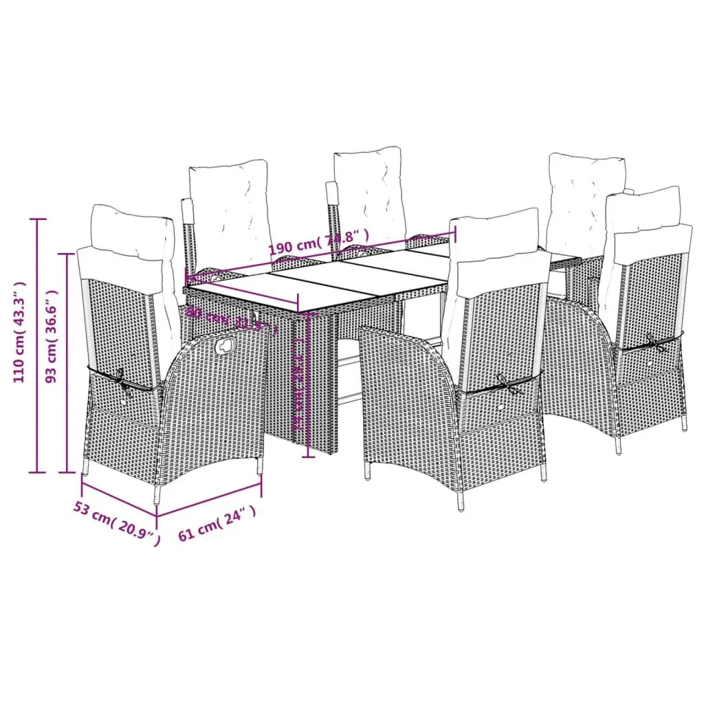Outdoor Dining Set 7 Piece Grey PE Rattan Furniture with Cushions and Tempered Glass Tabletop