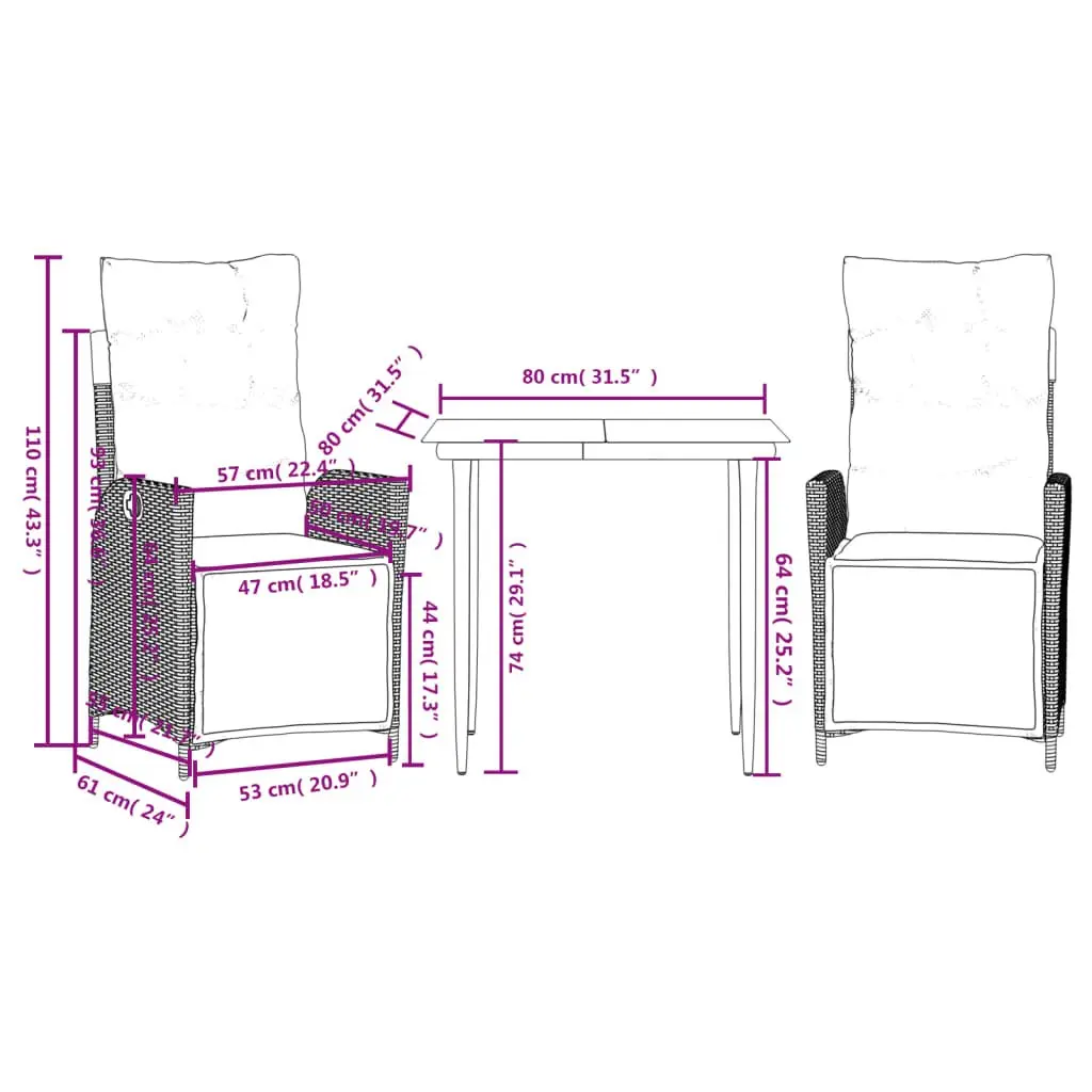 3 Piece Garden Dining Set Black PE Rattan Furniture with Cushions and Tempered Glass Tabletop
