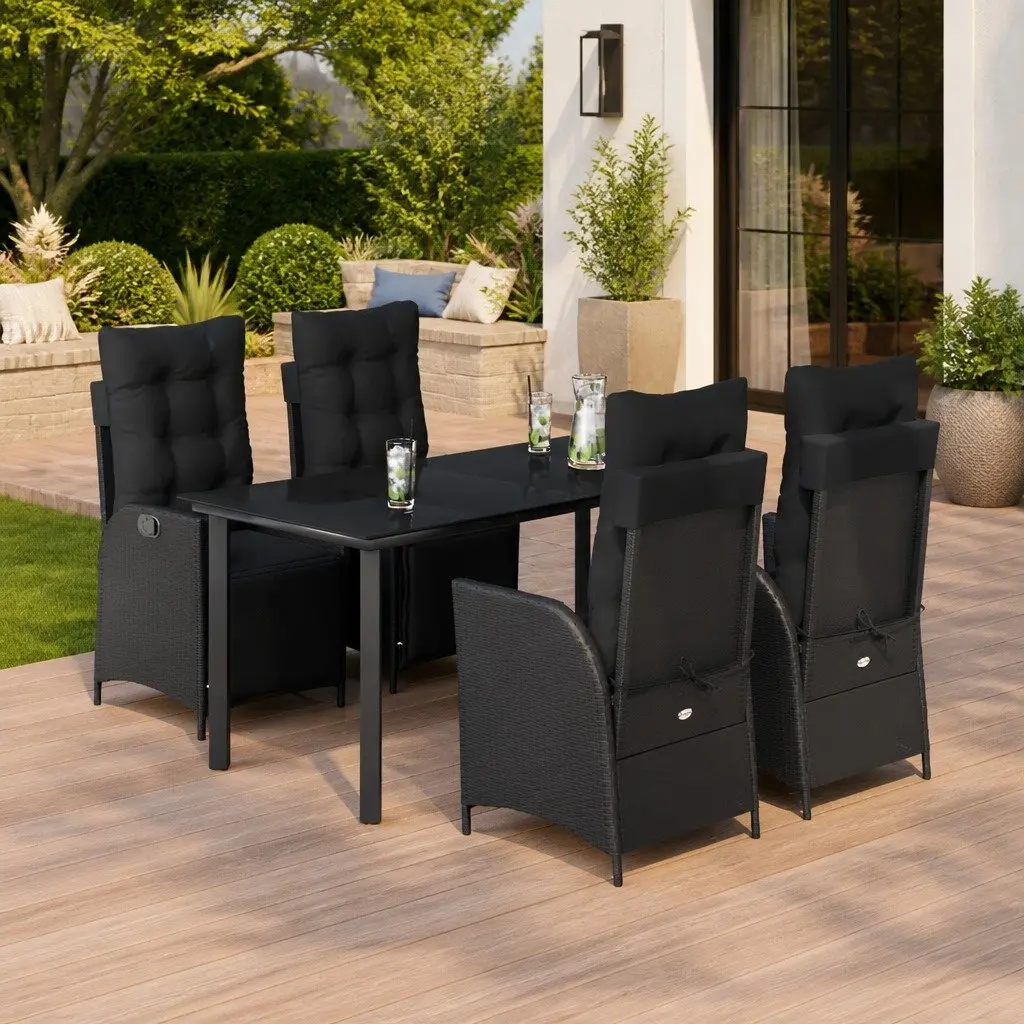 Garden Dining Set 5 Piece PE Rattan Outdoor Furniture with Cushions Black