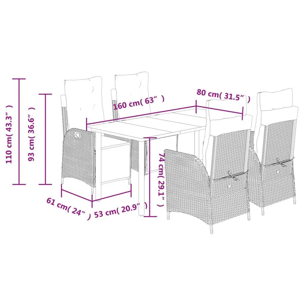 Garden Dining Set 5 Piece PE Rattan Outdoor Furniture with Cushions Black