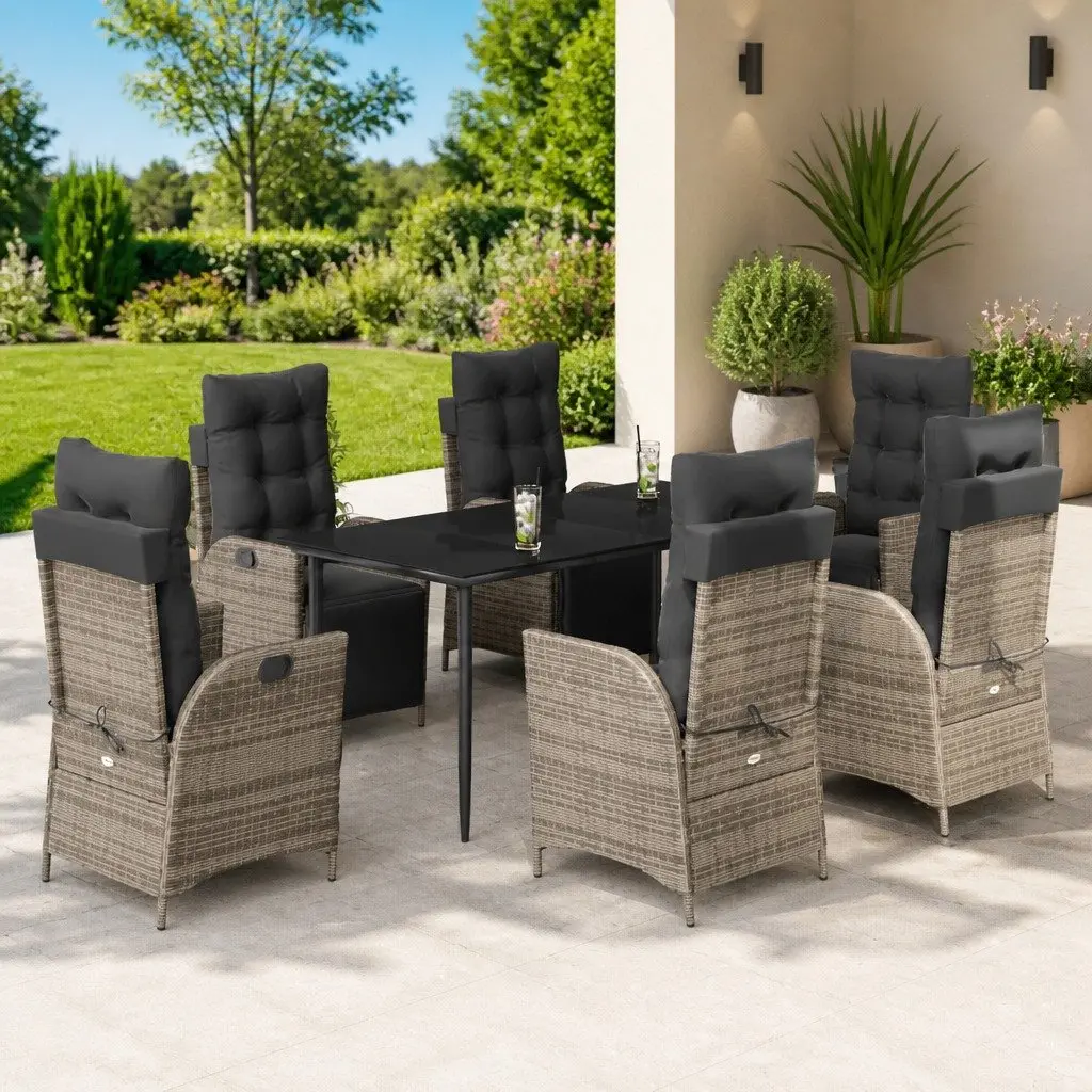 7 Piece Outdoor Dining Set Grey PE Rattan Cushions Tempered Glass Table