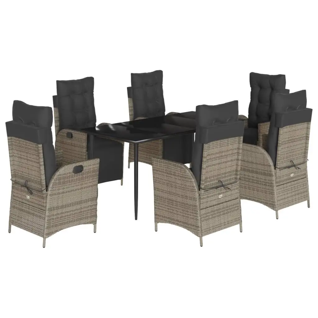 7 Piece Outdoor Dining Set Grey PE Rattan Cushions Tempered Glass Table