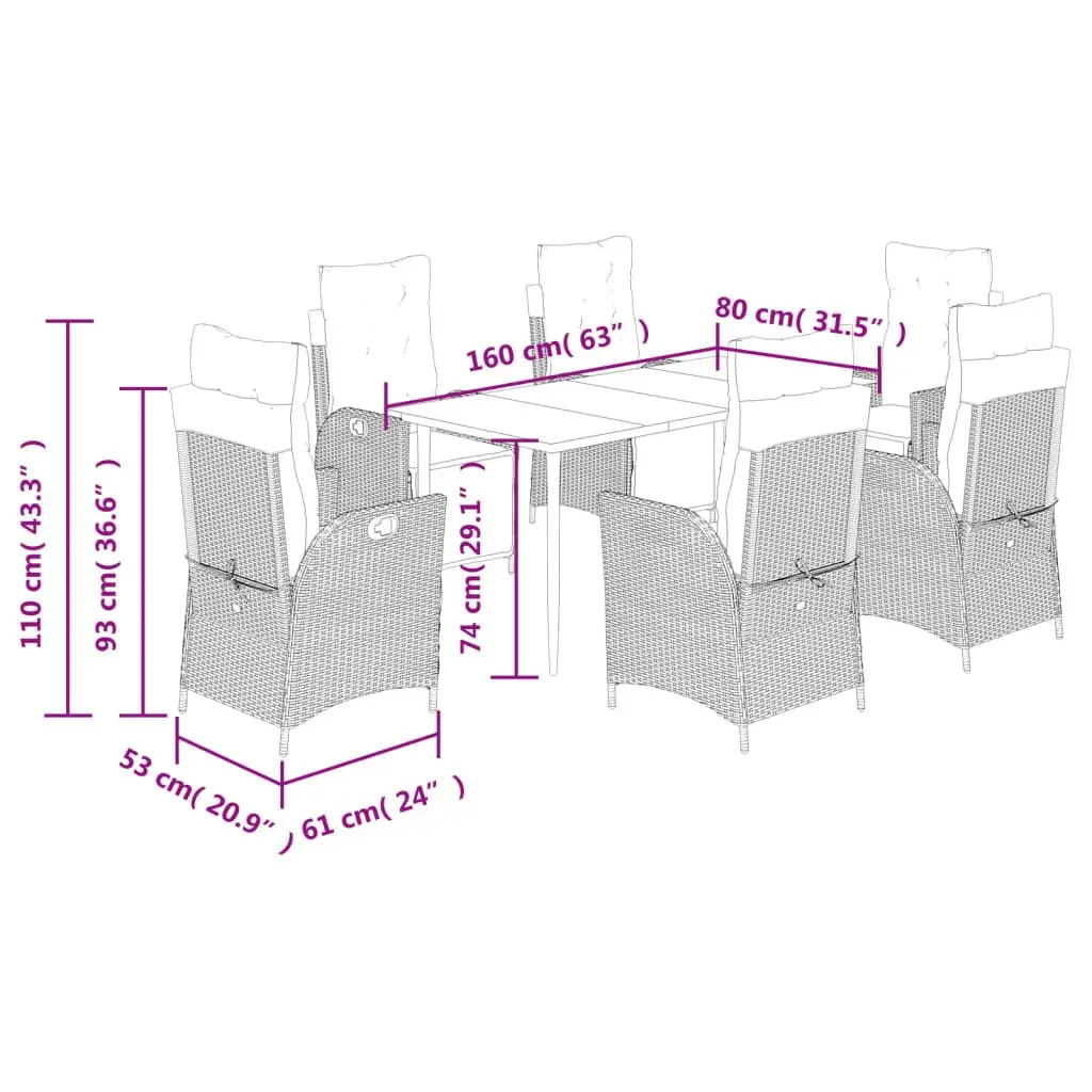 7 Piece Outdoor Dining Set Grey PE Rattan Cushions Tempered Glass Table