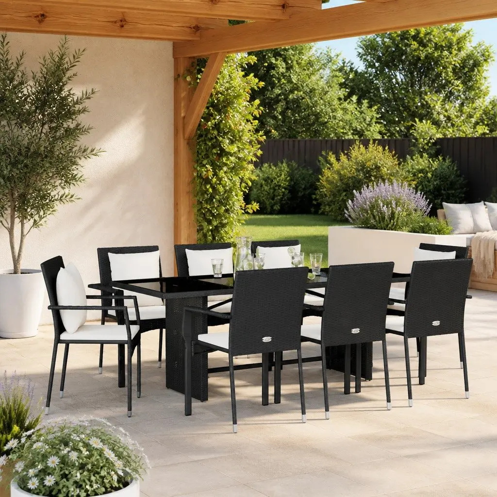 9 Piece Garden Table Chairs Set Black Poly Rattan Cushioned Outdoor Dining Furniture