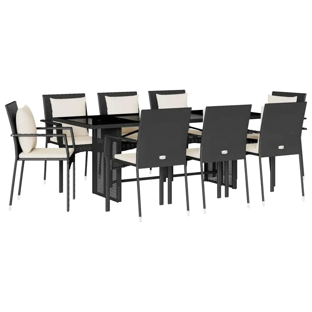 9 Piece Garden Table Chairs Set Black Poly Rattan Cushioned Outdoor Dining Furniture