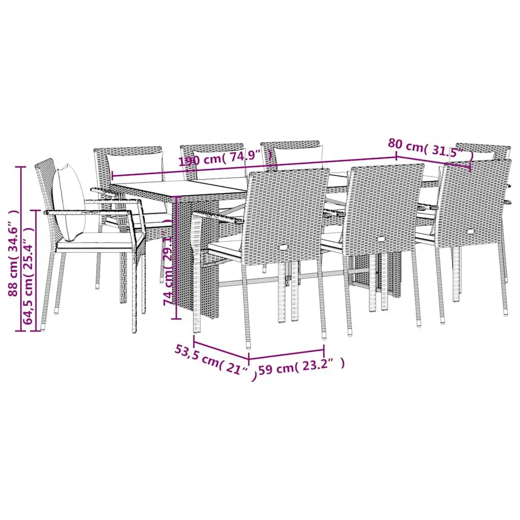 9 Piece Garden Table Chairs Set Black Poly Rattan Cushioned Outdoor Dining Furniture