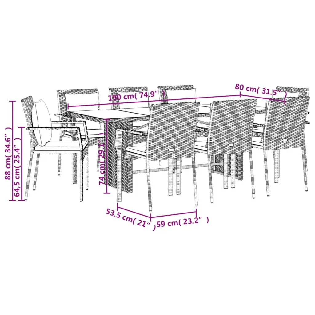 Garden Dining Set 9 Piece Outdoor Furniture Table Chairs Cushions Grey Rattan