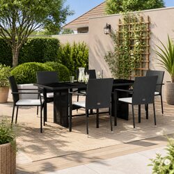Outdoor Garden Dining Set 7 Piece Black Poly Rattan Table Chairs with Cushions