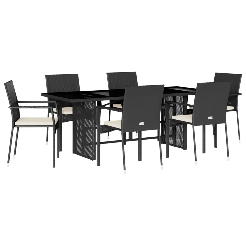 Outdoor Dining Set 7 Piece PE Poly Rattan Black Table with Tempered Glass Top and Chairs with Cushions