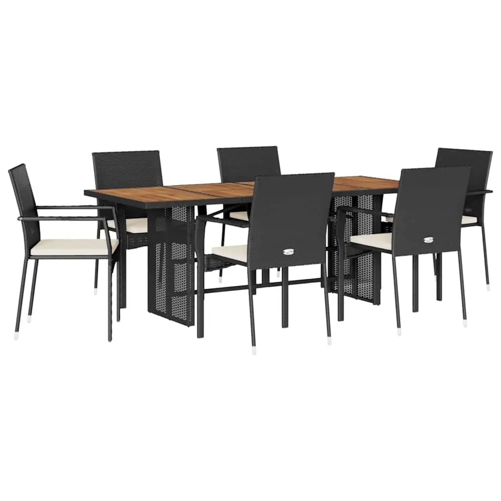 7 Piece Outdoor Dining Set PE Rattan Frame Acacia Wood Table Black