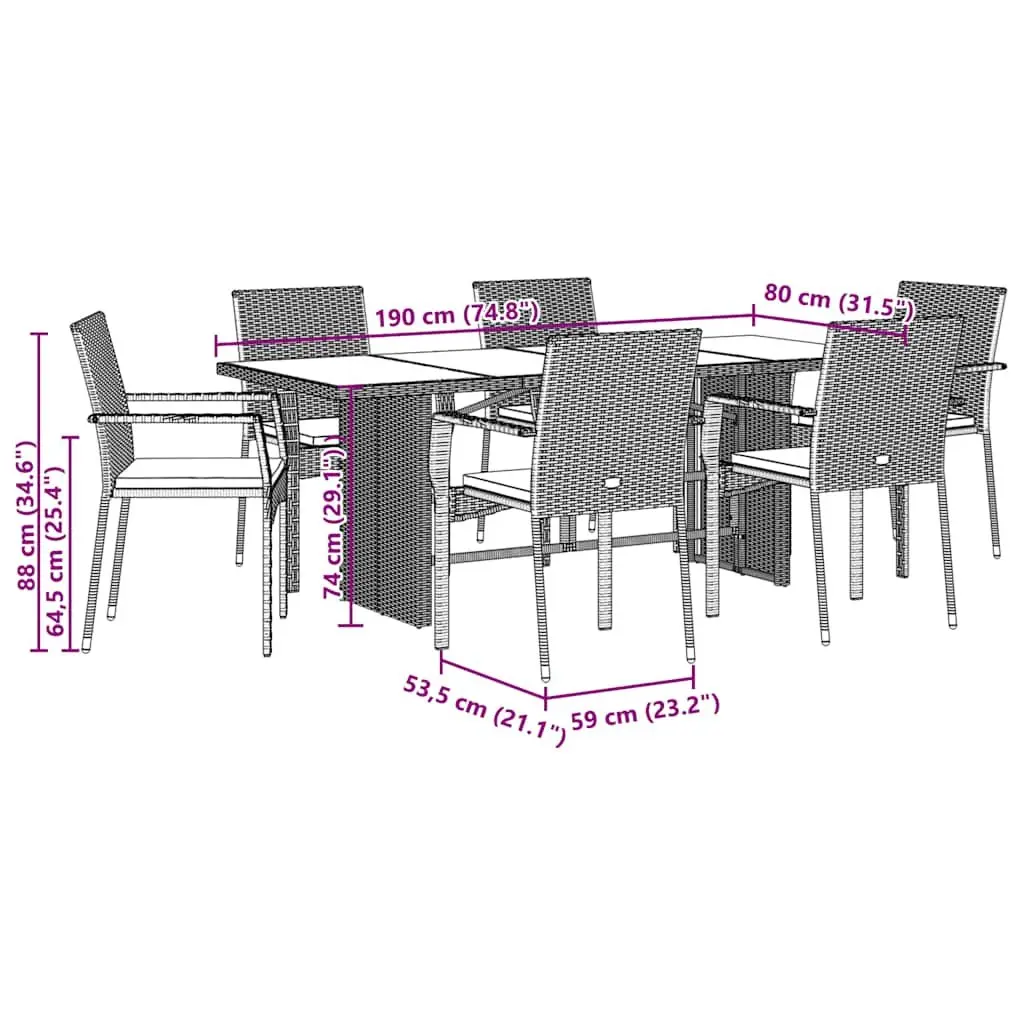 7 Piece Outdoor Dining Set PE Rattan Frame Acacia Wood Table Black