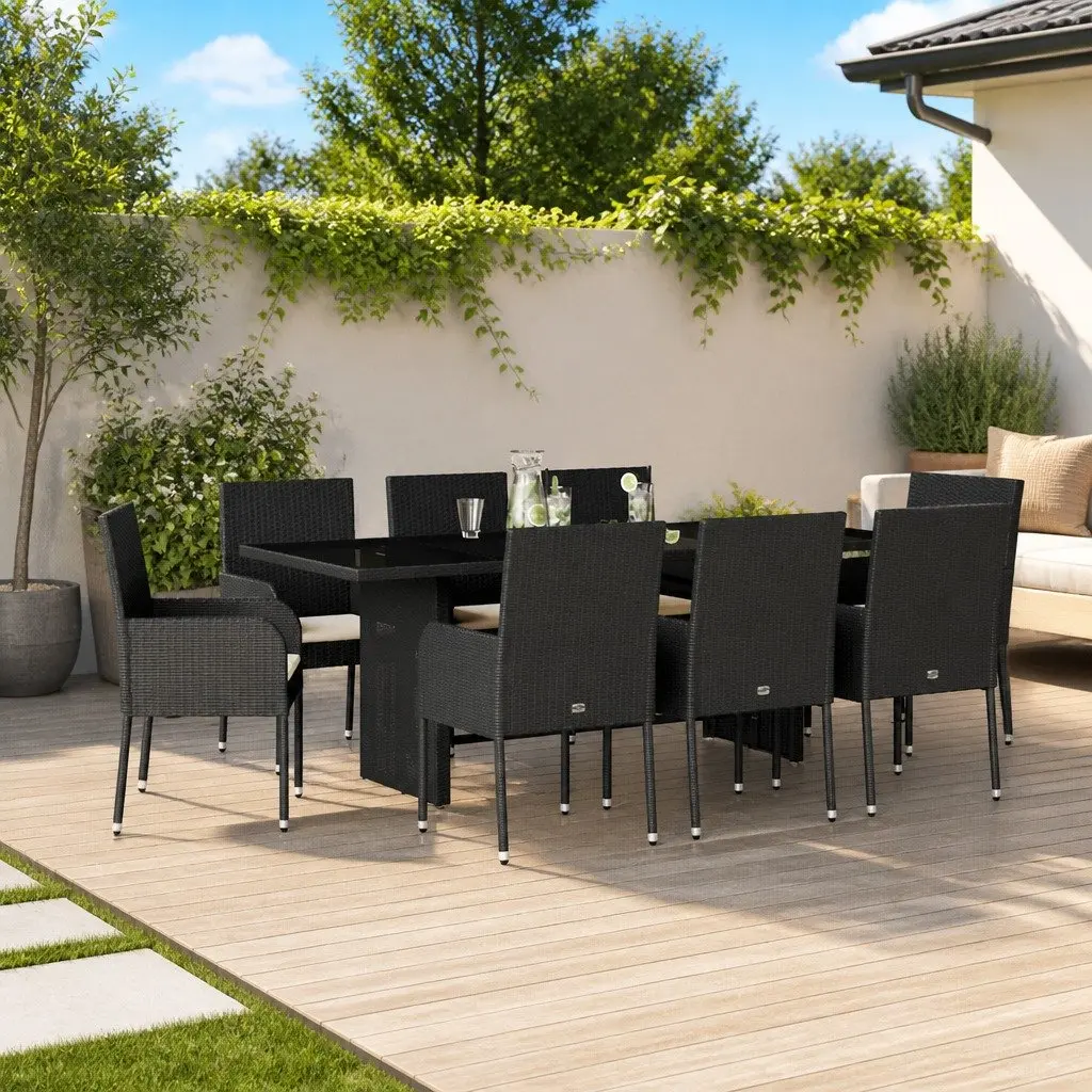 Outdoor Dining Set 9 Piece Garden Furniture with Cushions Black Poly Rattan