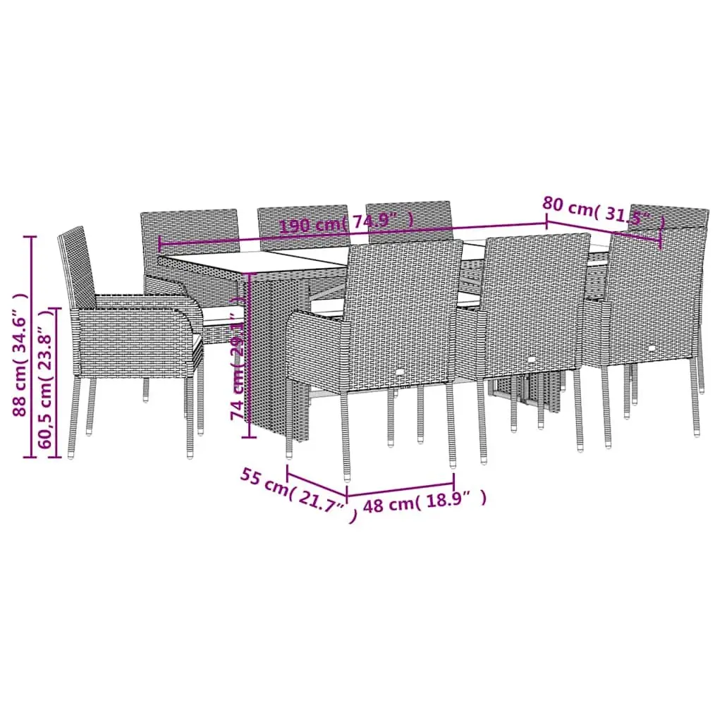 Outdoor Dining Set 9 Piece Garden Furniture with Cushions Black Poly Rattan