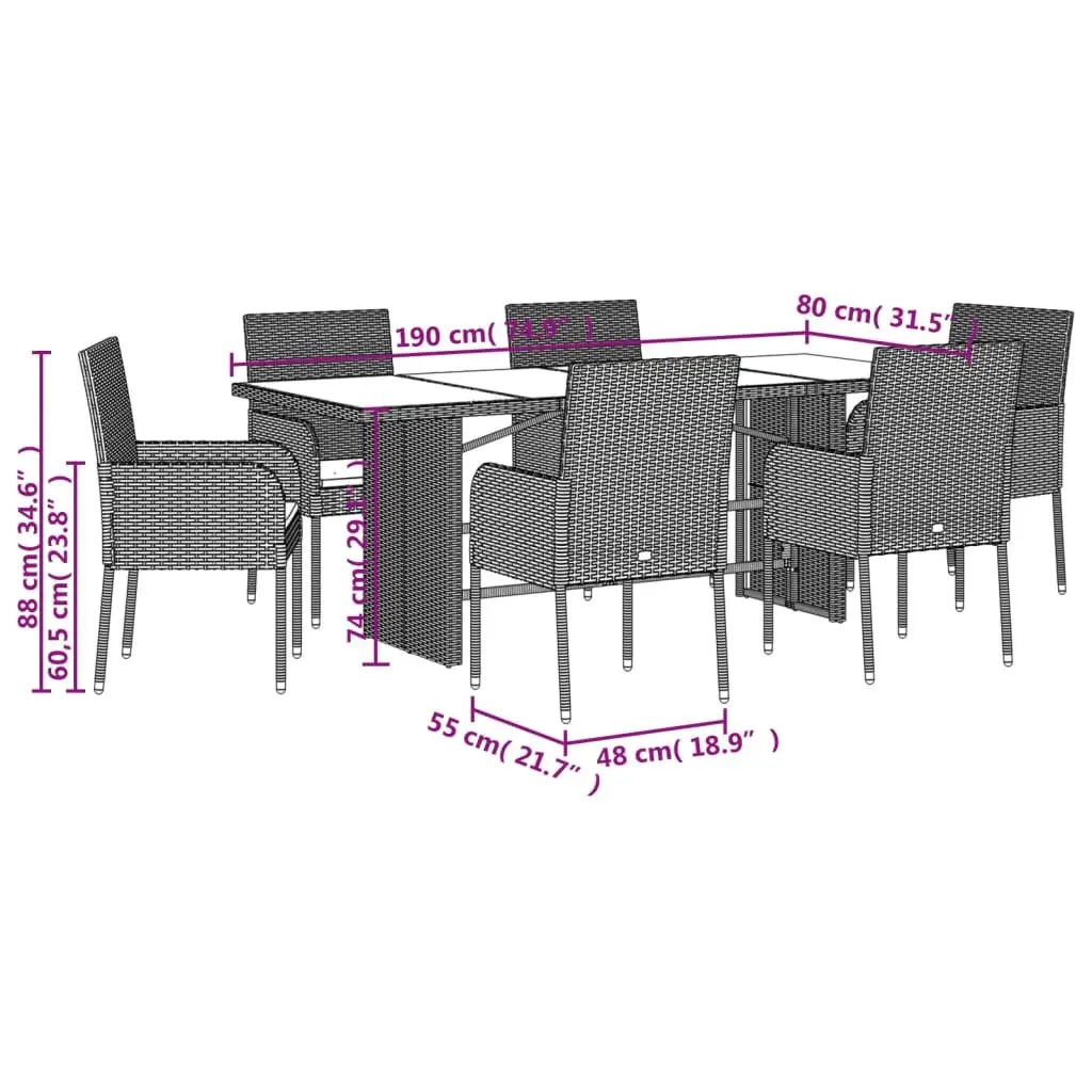 Outdoor Dining Set Poly Rattan 7 Piece Grey Furniture Patio Garden Cushions