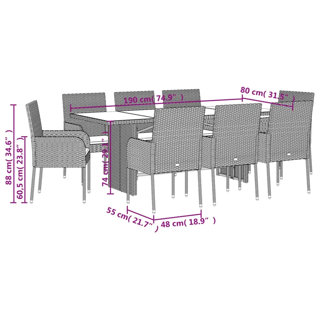 Outdoor Dining Set 9 Piece Garden Furniture with Cushions Grey Poly Rattan
