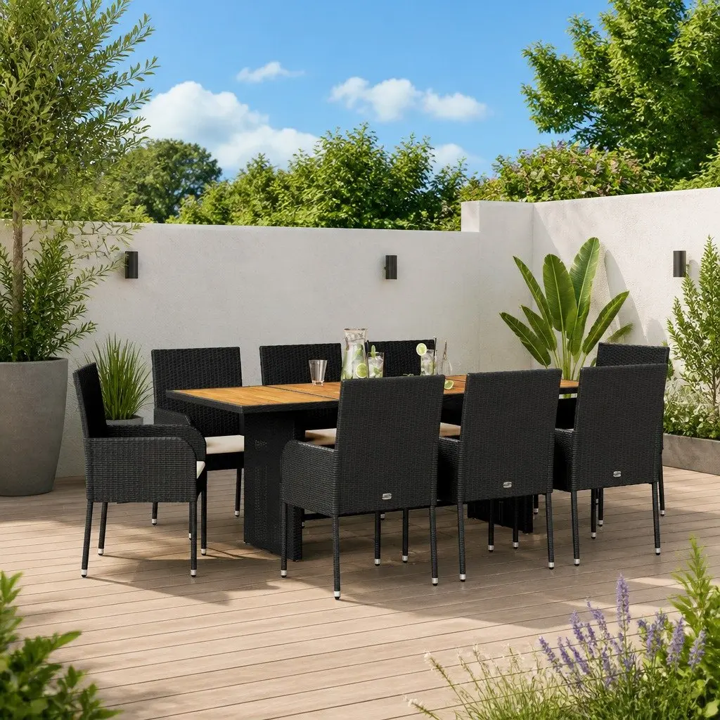Outdoor Dining Set 9 Piece Garden Furniture Black Poly Rattan with Cushions