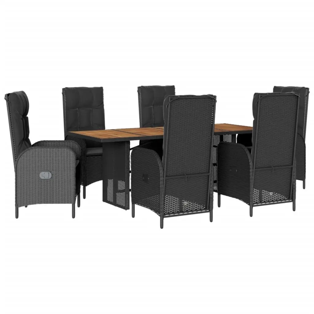 7 Piece Outdoor Dining Set PE Rattan Acacia Wood Black with Cushions
