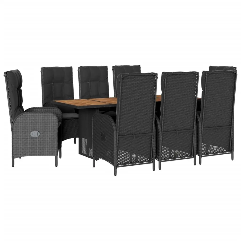 Outdoor Dining Set 9 Piece PE Rattan Adjustable Chairs Acacia Wood Table Black