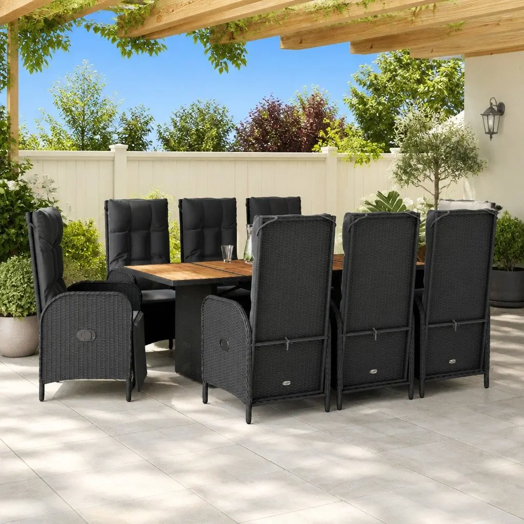 Outdoor Dining Set 9 Piece PE Rattan Black Acacia Wood Table Cushions