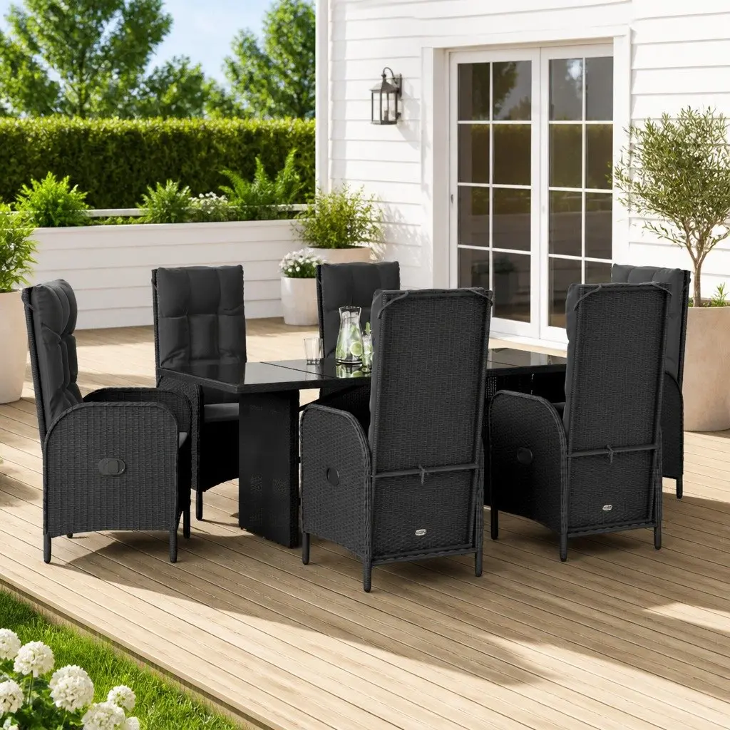 7 Piece Outdoor Garden Dining Set Poly Rattan Black Cushions