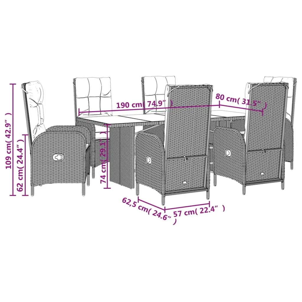 7 Piece Outdoor Garden Dining Set Poly Rattan Black Cushions
