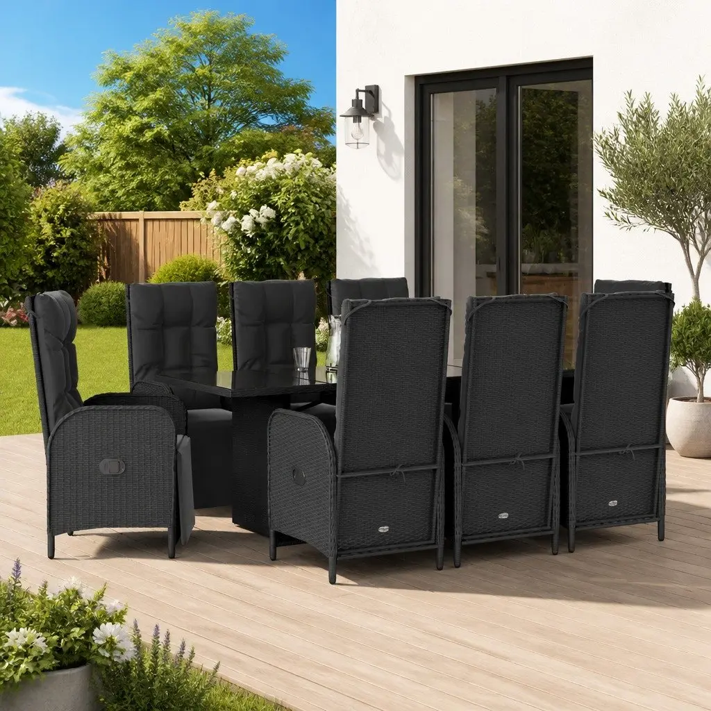 9 Piece Outdoor Dining Set Black PE Rattan Chairs Table with Cushions