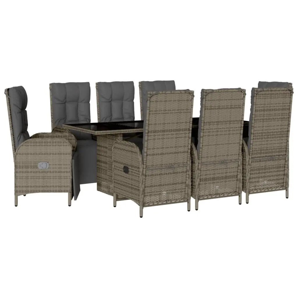 Outdoor Furniture Set 9 Piece Grey PE Rattan Dining Set with Cushions and Tempered Glass Table