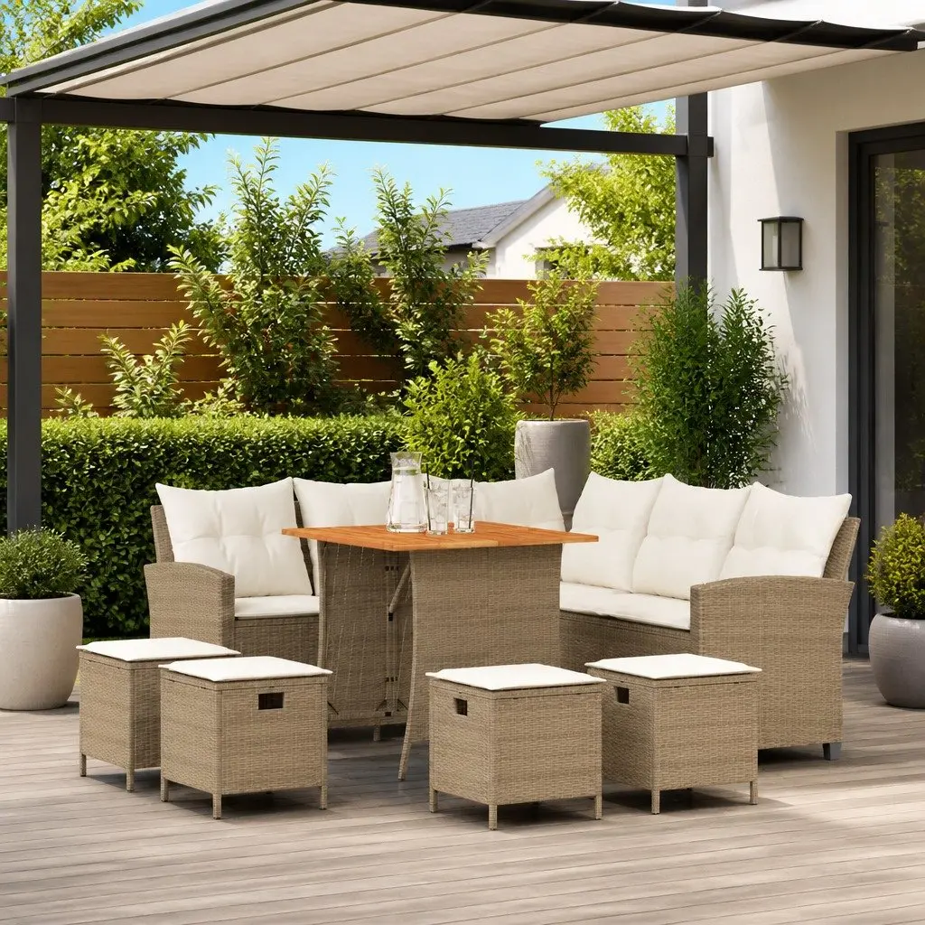 6 Piece Outdoor L-shaped Sofa Set with Cushions Beige Weather Resistant PE Rattan Furniture