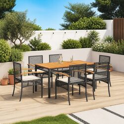 7 Piece Outdoor Dining Set Black Poly Rattan Garden Furniture Patio Table Chairs