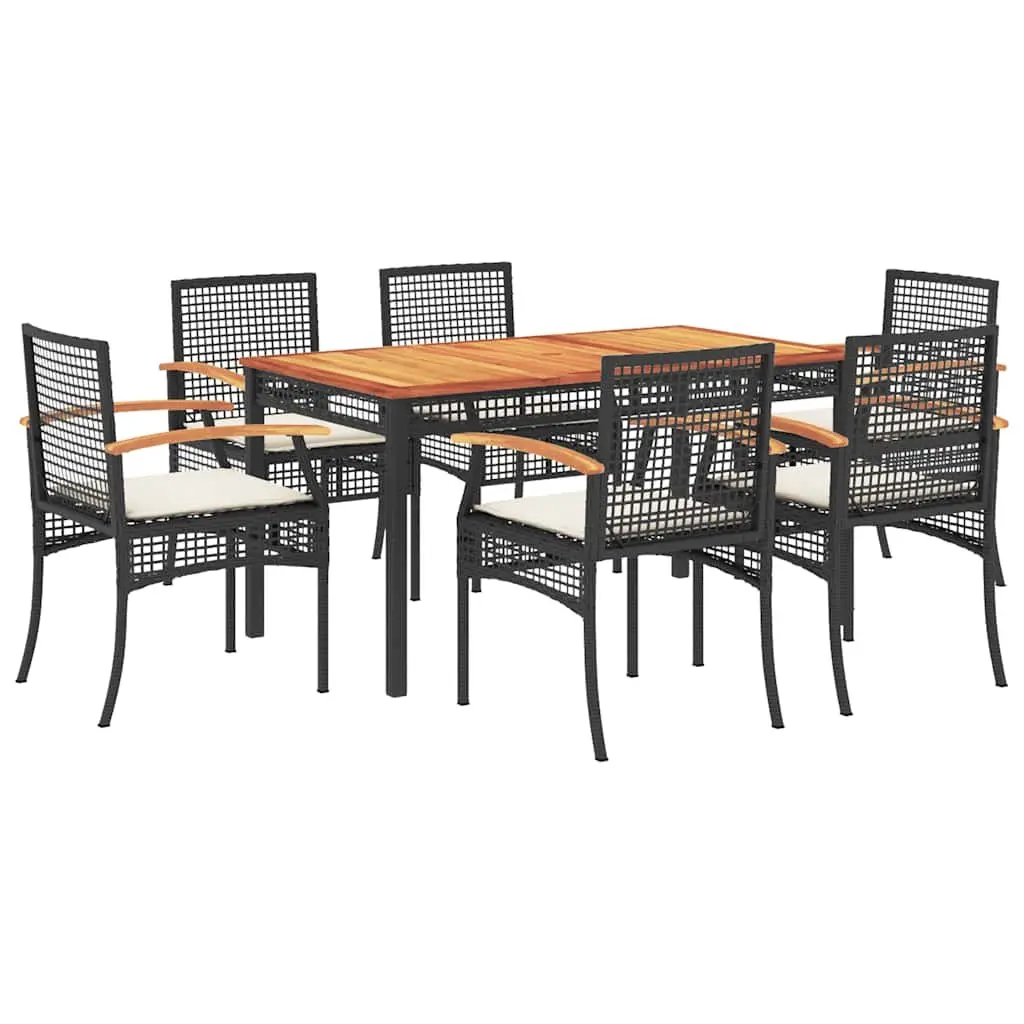 7 Piece Outdoor Dining Set PE Rattan Acacia Wood Table Black Powder Coated Steel Frame