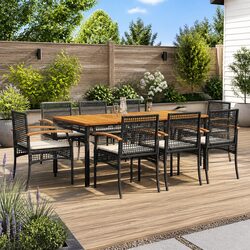 9 Piece Outdoor Dining Set Black Poly Rattan Garden Furniture Patio Table Chairs