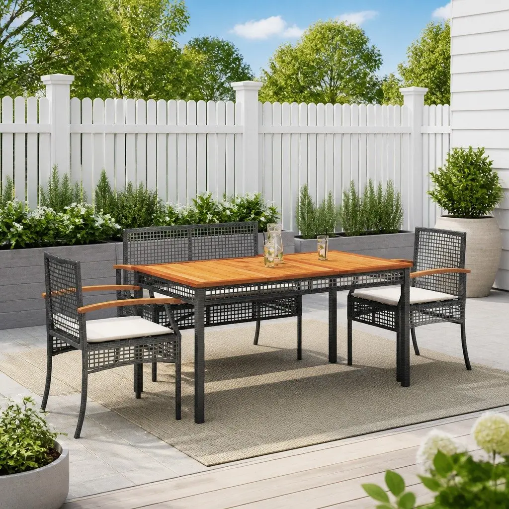 4 Piece Outdoor Dining Set PE Rattan Frame Acacia Wood Table Black