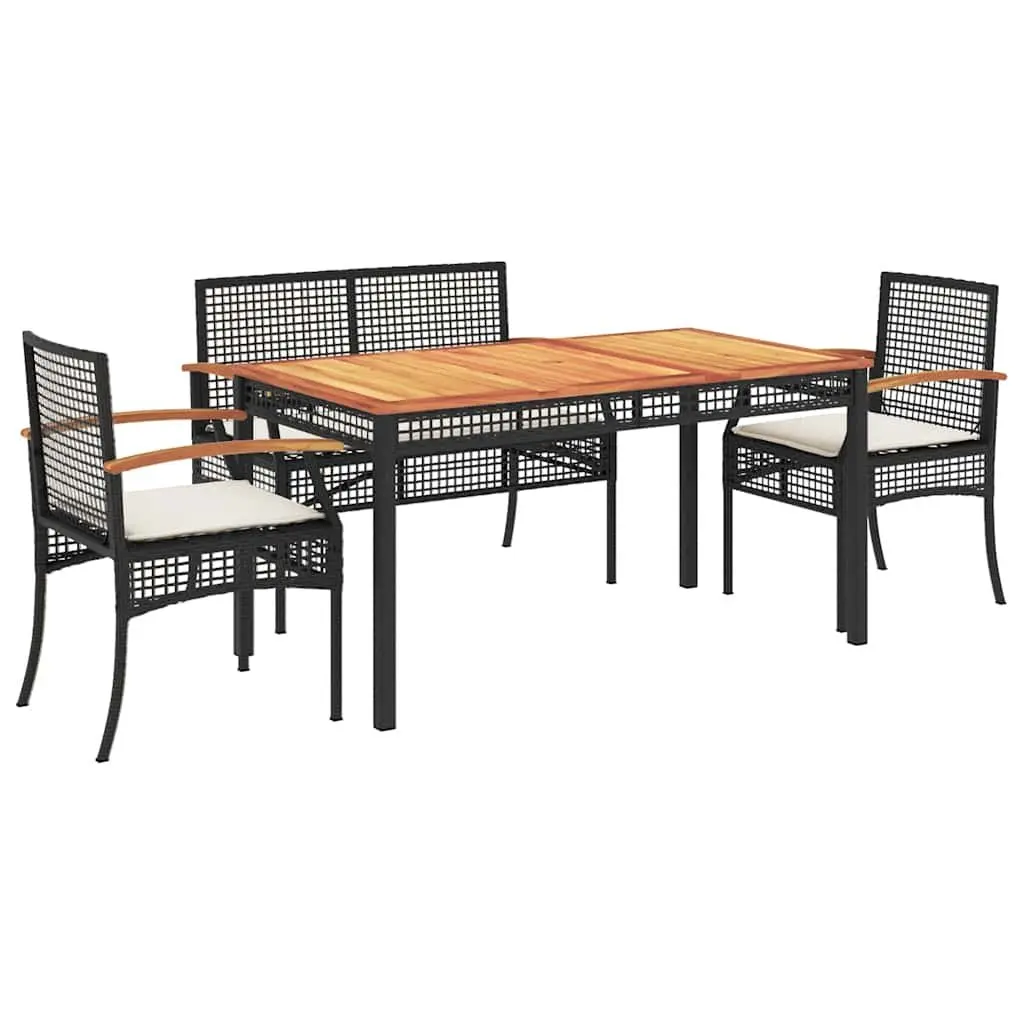 4 Piece Outdoor Dining Set PE Rattan Frame Acacia Wood Table Black
