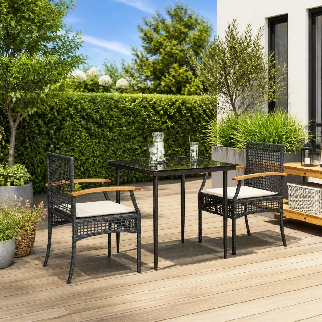 3 Piece Outdoor Dining Set Black PE Rattan with Tempered Glass Tabletop and Cushions