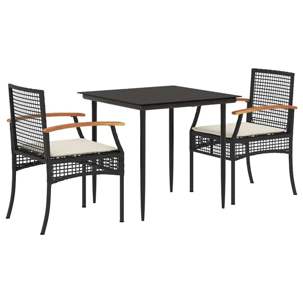 3 Piece Outdoor Dining Set Black PE Rattan with Tempered Glass Tabletop and Cushions