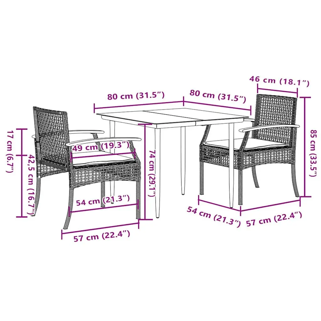 3 Piece Outdoor Dining Set Black PE Rattan with Tempered Glass Tabletop and Cushions