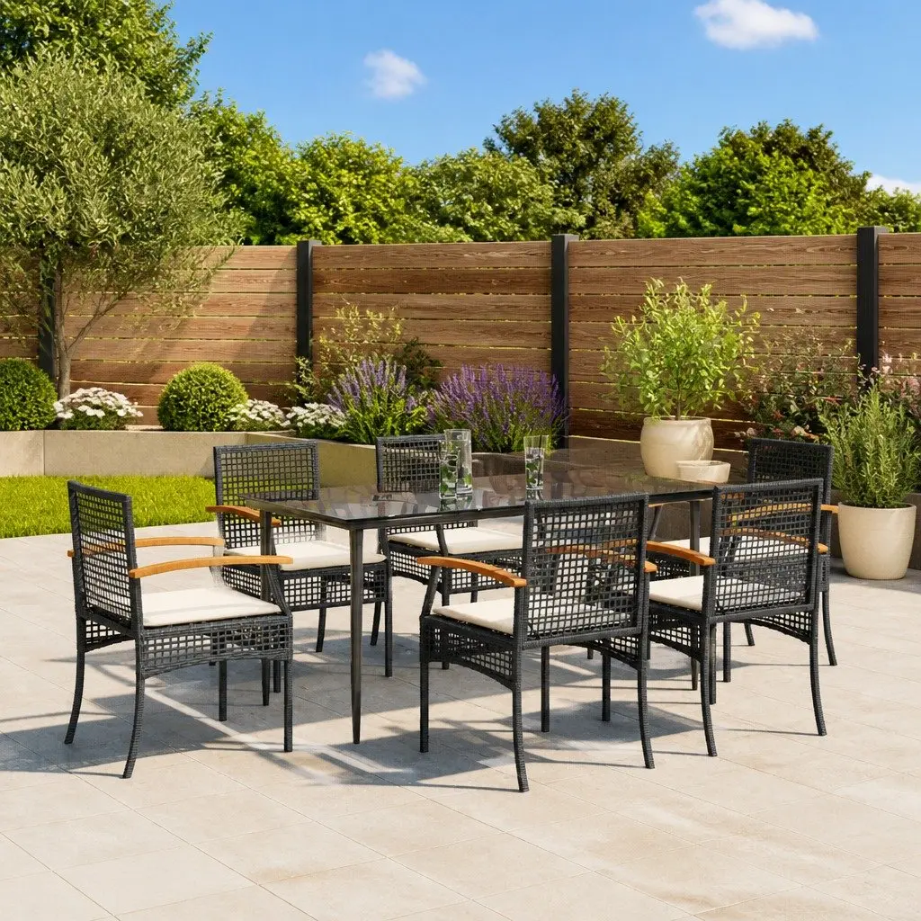 7 Piece Garden Dining Set PE Rattan Cushions Black