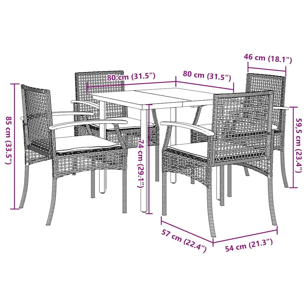 5 Piece Outdoor Dining Set PE Rattan Black Table with Cushions