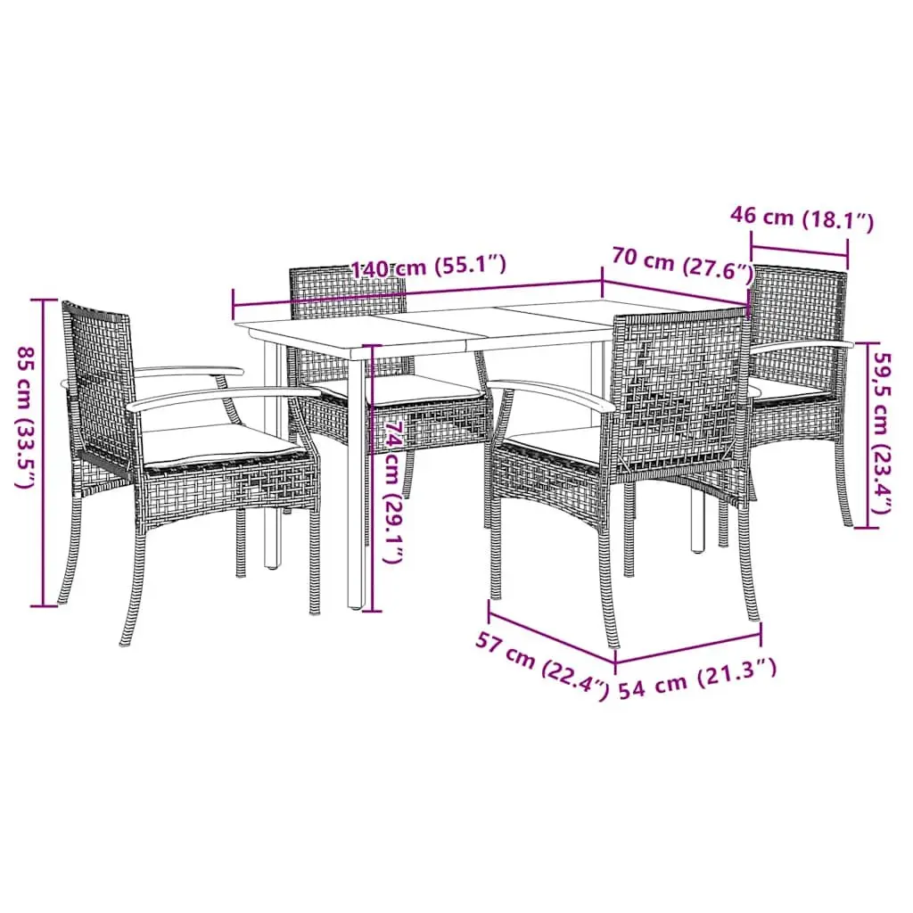 5 Piece Outdoor Dining Set Black Rattan Furniture with Cushions Tempered Glass Top