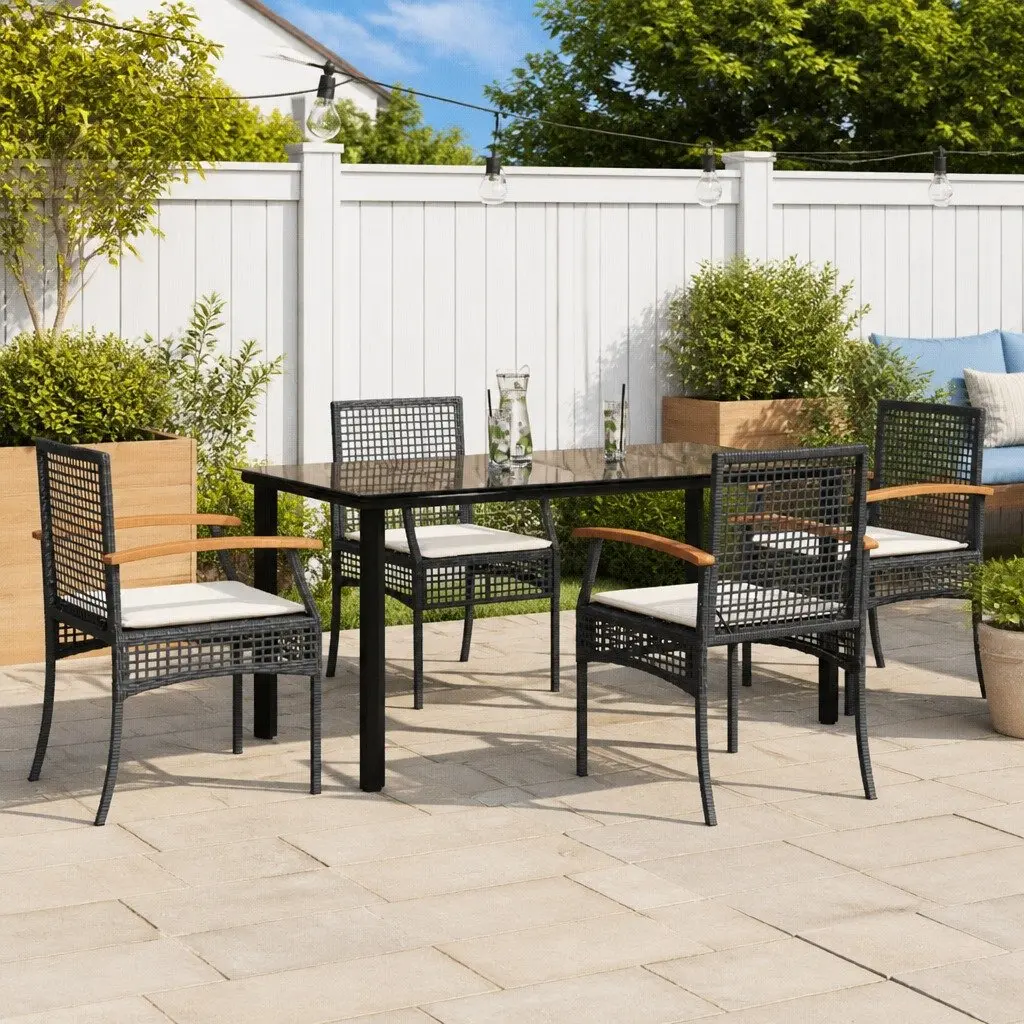 5 Piece Outdoor Dining Set Cushioned Chairs Black Poly Rattan Garden Furniture Table