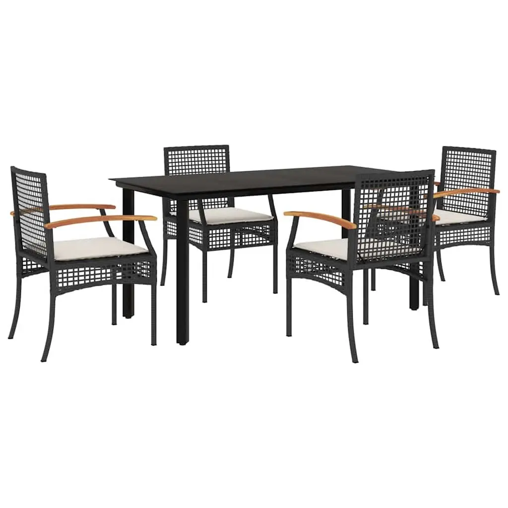 5 Piece Outdoor Dining Set Cushioned Chairs Black Poly Rattan Garden Furniture Table