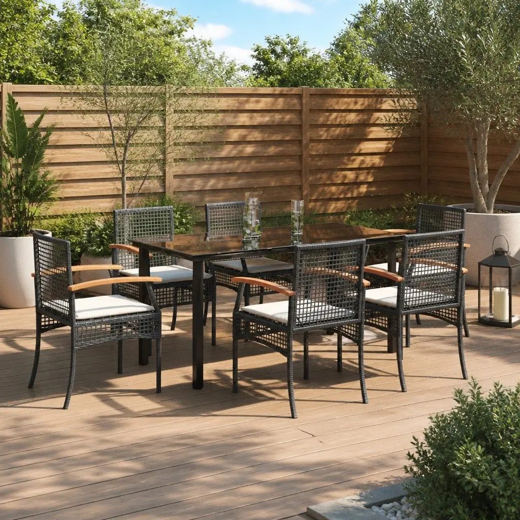 7 Piece Garden Dining Set Outdoor Patio Furniture Black Poly Rattan with Tempered Glass Tabletop and Cushioned Chairs